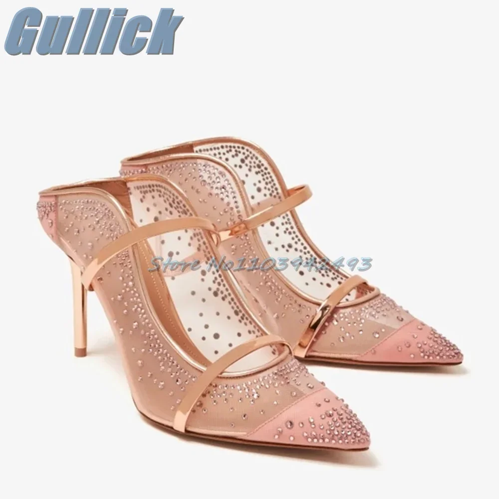 

Сандалии De Mujer с ремешками и стразами, женские босоножки на каблуке, однотонные дизайнерские туфли на высоком каблуке с острым носком и сеткой