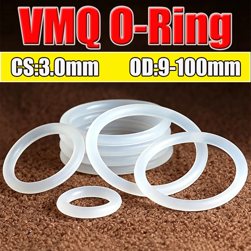 50pcs VMQ O Ring Seal Gasket Thickness CS 3mm OD9 ~ 100mm Silicone Rubber Insulated Waterproof Washer Round Shape White Nontoxic