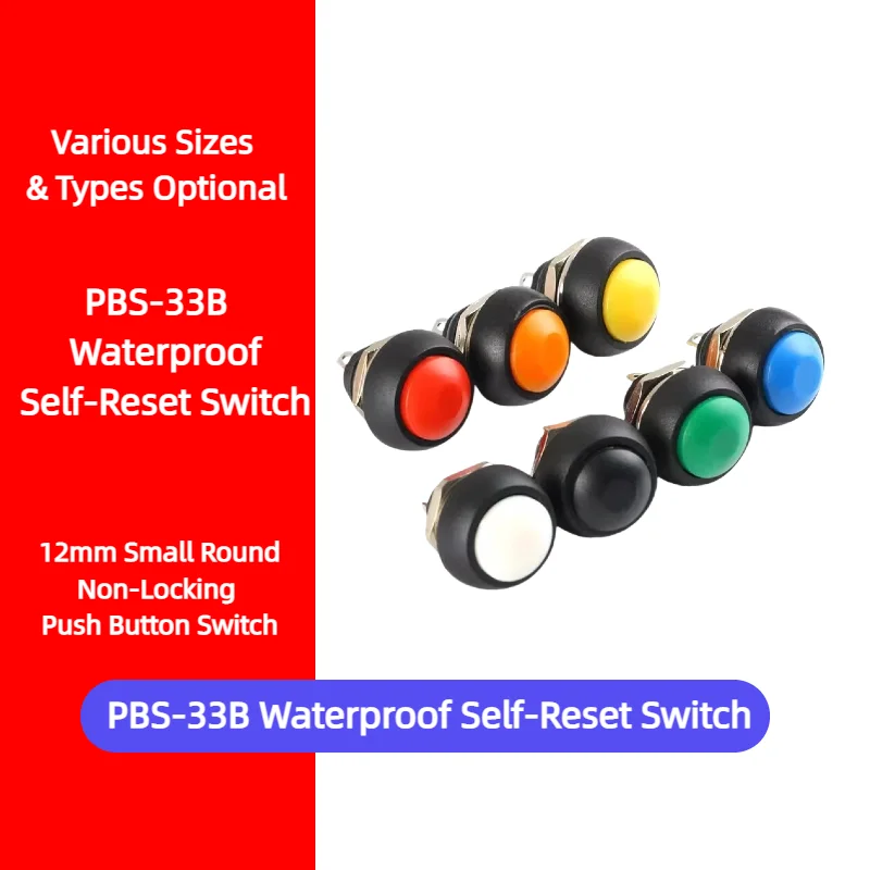 PBS-33B 12mm Self-Reset Round Push Button Switch 2-Pin Non-Locking Key Black/White/Yellow/Orange/Blue/Green/Red Electrical Part