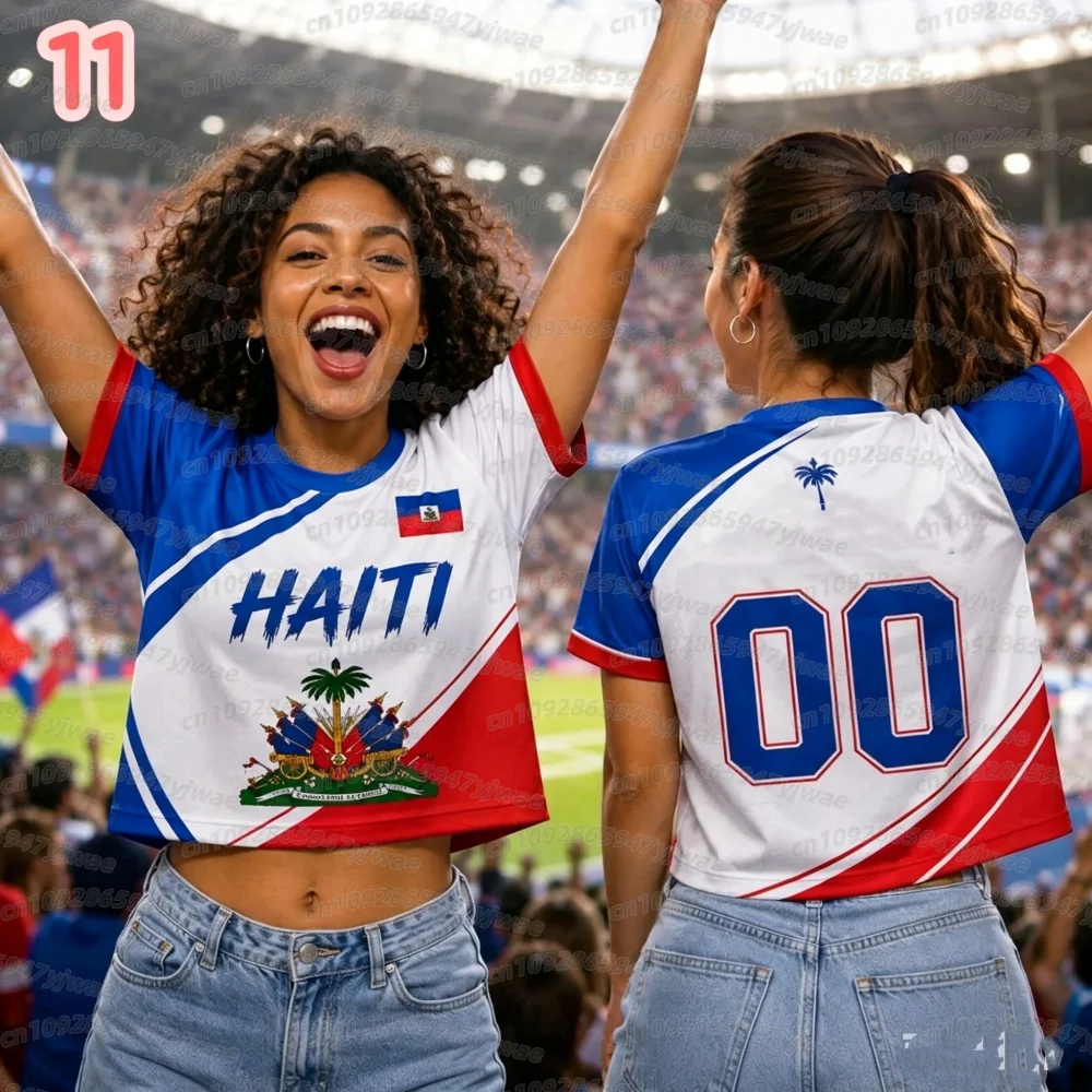 2026 Frauen HAITI Fußball Crop Top Trikot Cheerleader Fußball-T-Shirt Damen Romantik Fußballtrikot, Kurzarm Damen T-Shirt – Detail 6