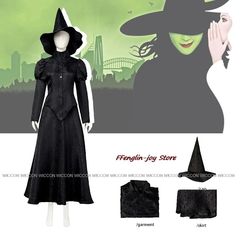 

AD1 Wicked Косплей Костюмы Ведьмы Халат Эльфаба Одежда Готический Фильм Вечеринка Ролевая Игра Черное Все Платье Халат Шляпа 205@rD~