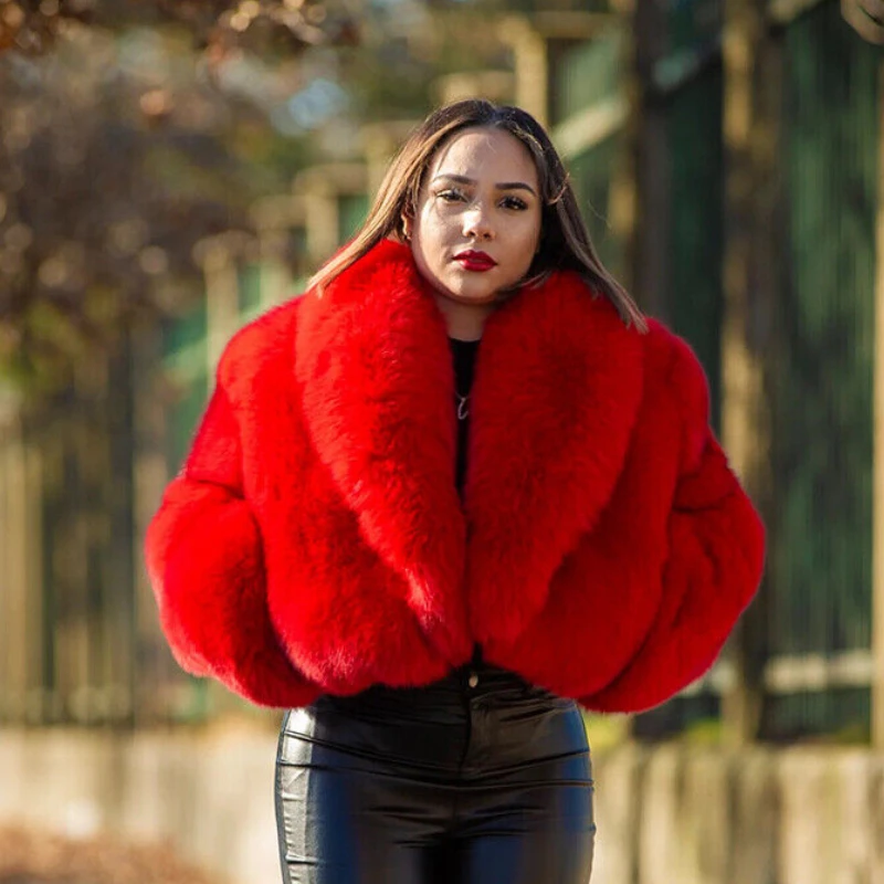 New Winter Real Fox Fur Short Coat Women Fashion Solid Full Pelt Warm Jacket Female Natural Fox Fur Shawl Collar Thick Overcoats