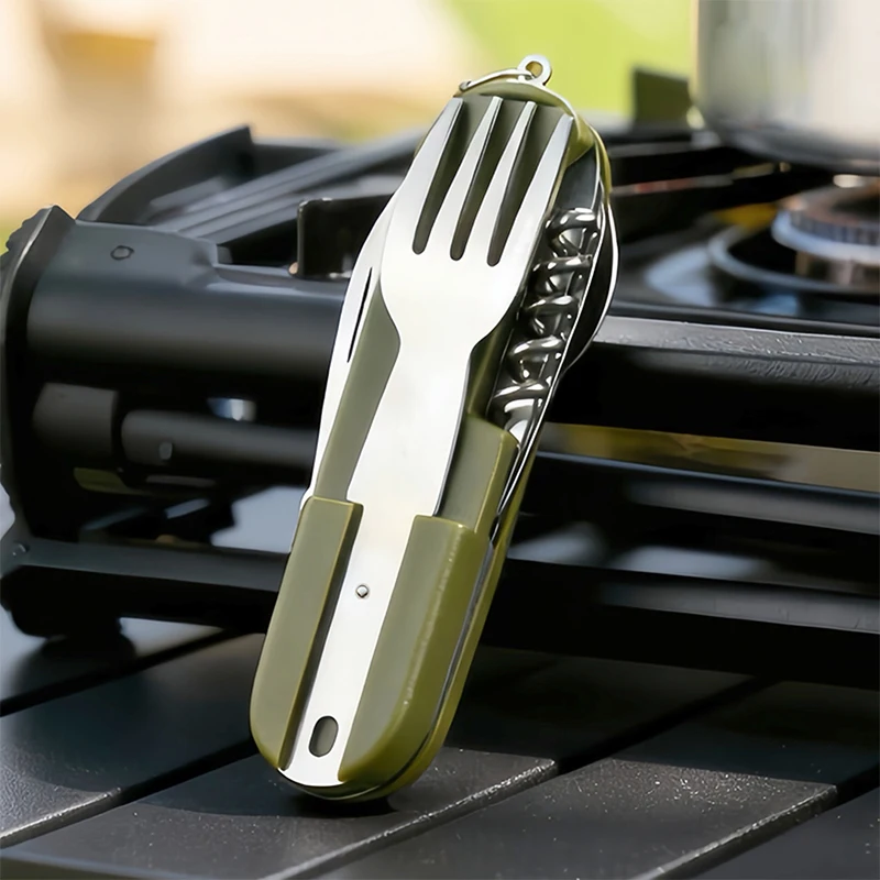 New Stainless Steel 7In1 Camping Cutlery Set -Foldable Multifunctional Outdoor Tableware With Fork Spoon Knife For Picnic Hiking