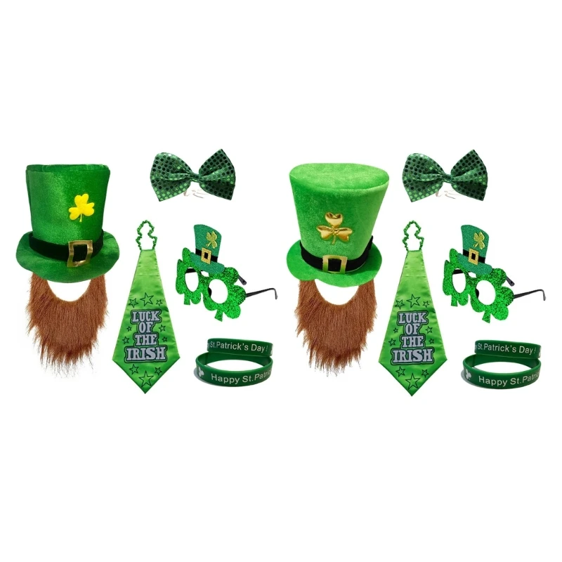 

StPatrick Day Green Hat Bowtie Shamrock Costume Set Irish National Day Celebration Props Set Carnivals Party Accessories