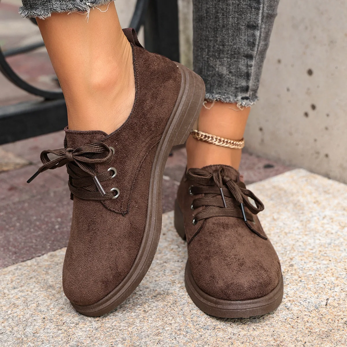 Damen Vintage Wildleder Schnürschuhe mit Niedrigem Blockabsatz Rutschfeste Sohle Lässige Tägliche Gehmode Knöchelhohe Stiefel – Detail 15