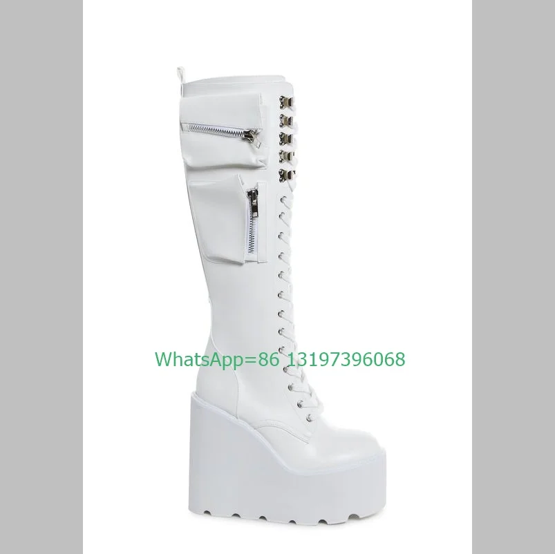 Lady white pocket PU platform zip knee boots Y2K dance zip PU platform boots office lady wedges heel boots footwear size 35-46