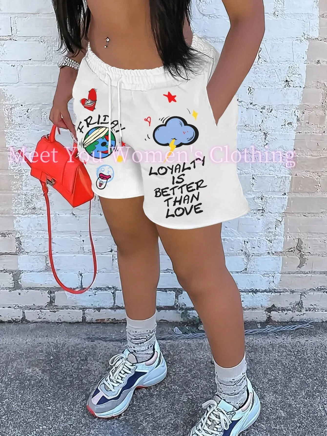 Women European and American Women's Summer Cartoon and Monogrammed Floral Waist Shorts with Pockets Y2k Pants Shorts