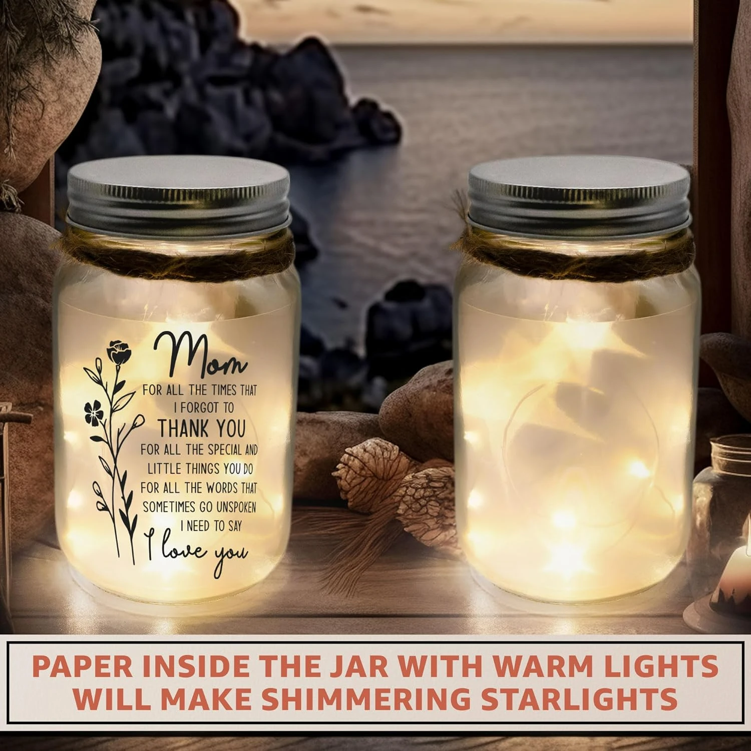 อบอุ่นและอบอุ่น Handmade Rustic Mason Jar LED Nightlight - ของขวัญวันแม่ที่ไม่ซ้ําใครสําหรับเธอ - ของขวัญแม่ที่รอบคอบ - Perfect L