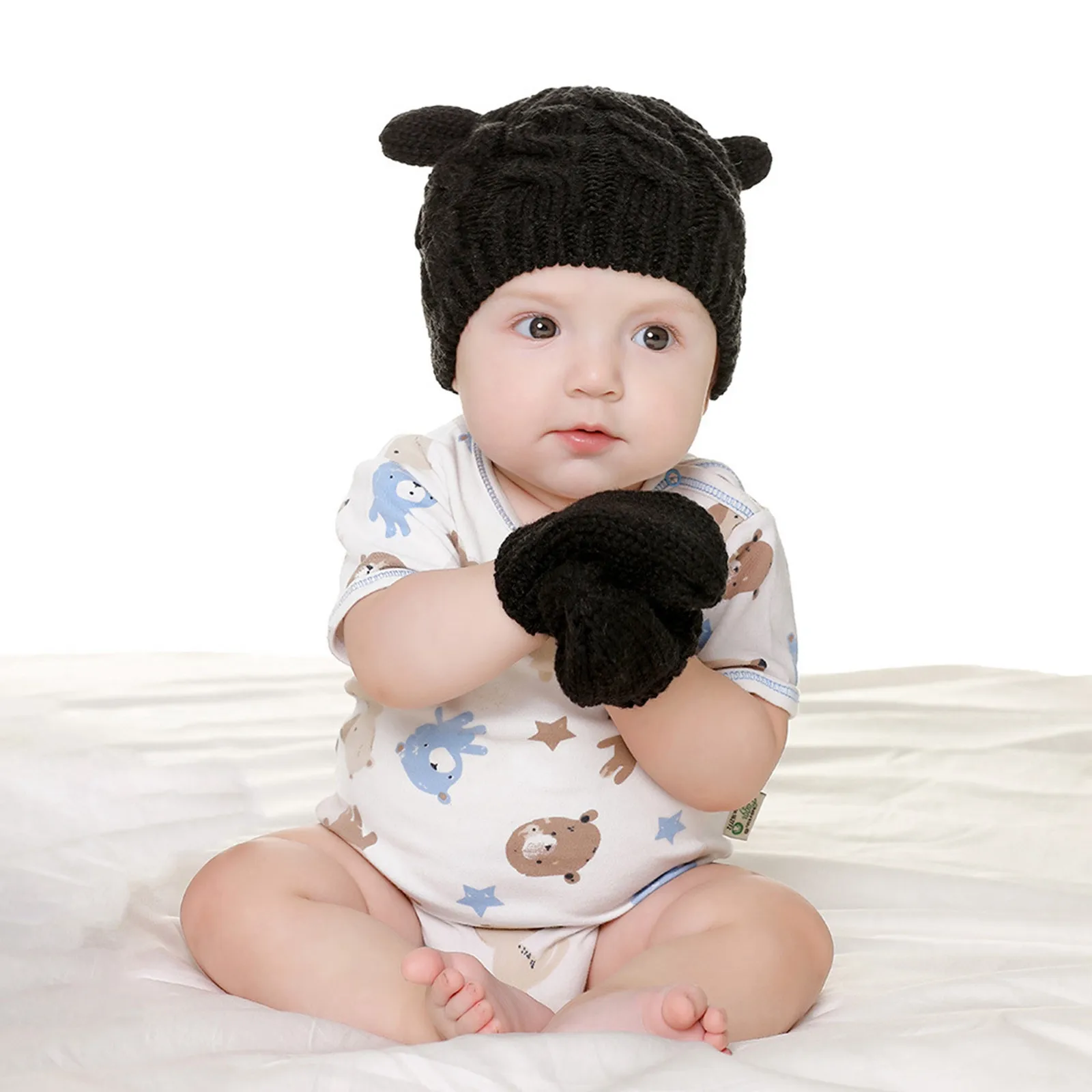 Baby Hat Knit Hat Autumn And Winter Hat Gloves Set Cute Little Ears Shape Boys And Girls Baby Hat Set 2024 Casual Warm Outwear