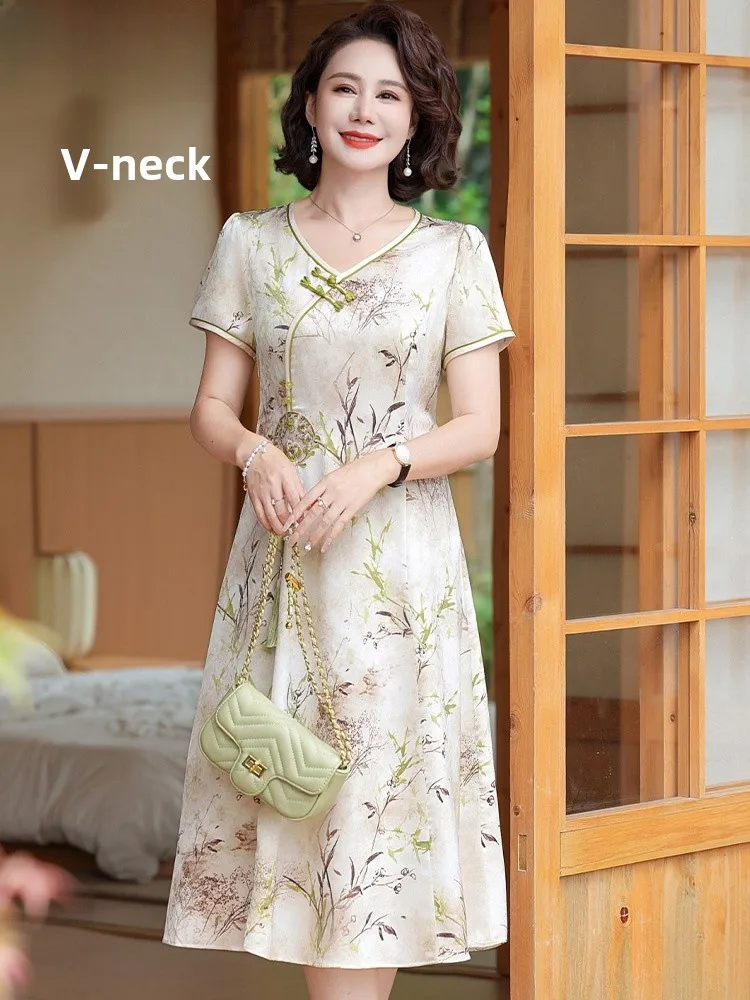 

Summer Faionable Midi Dr for Mom ort Sve Chiffon Qipao Dr Loose Fit V-Ne Polyester Blend Mid-Aged Women's Dr