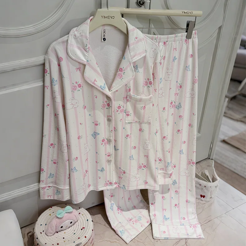 بيجامة بأكمام طويلة على الطراز الياباني للنساء للخريف والشتاء، مجموعة دافئة سميكة وسميكة، ملابس منزلية غير رسمية فضفاضة وجميلة