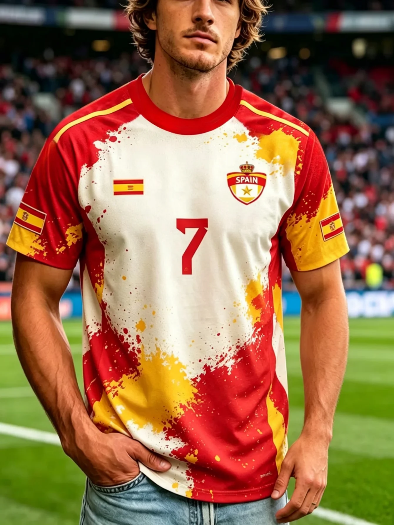 Spanish themed football jersey with contrasting ink and short sleeved shirt, size 7 men's sports T-shirt