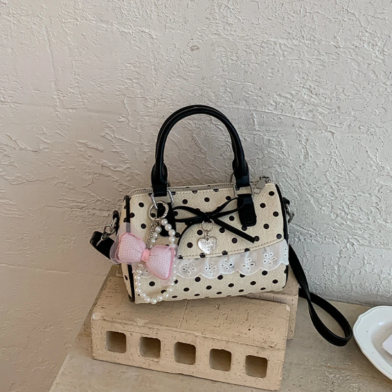 Koreanische Polka Dot Bowknot Patchwork Hobo Umhängetasche, Damenhandtasche, vielseitige, leichte, kleine quadratische Tragetasche für den Arbeitsweg – Detail 4