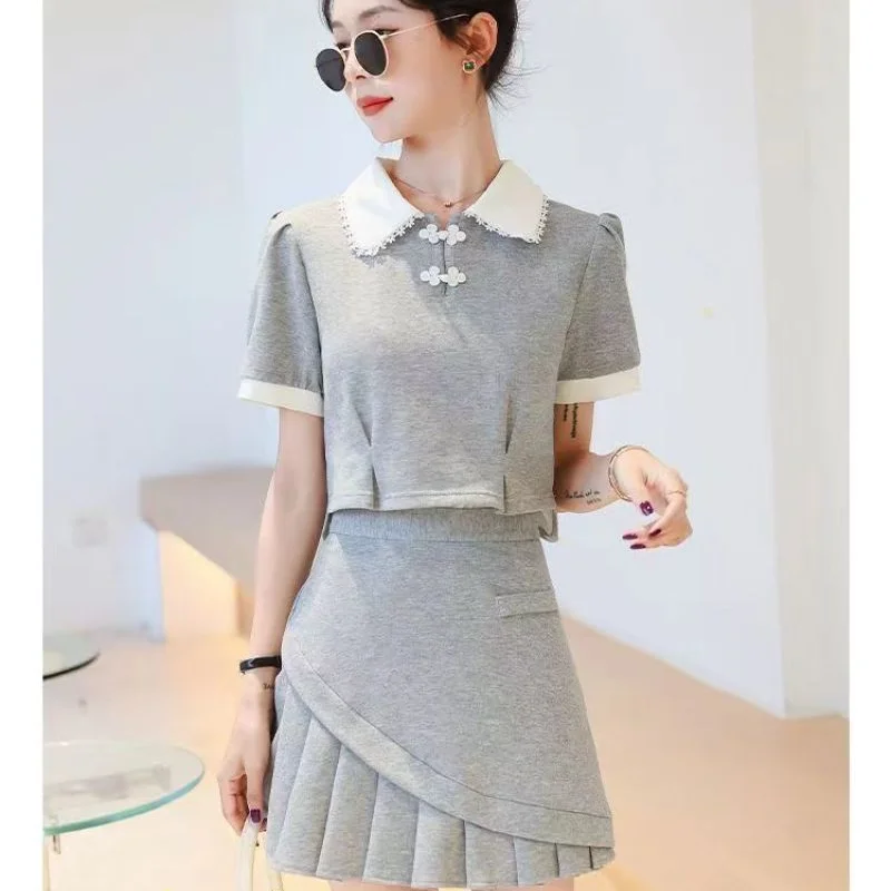 

Sen Series Doll Neck Half Body Skirt Set for Women's Summer New Style Buckle Knit Top Pleated Short Skirt Two-piece Outfts