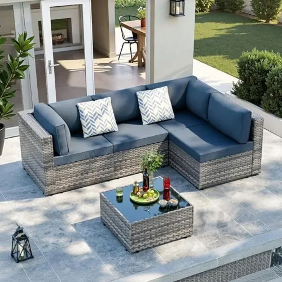 Patio Furniture Set for Outdoor Use, All-weather Rattan in Silver Rattan with Aegean Blue Washable Cushions, 5-piece Low-back S