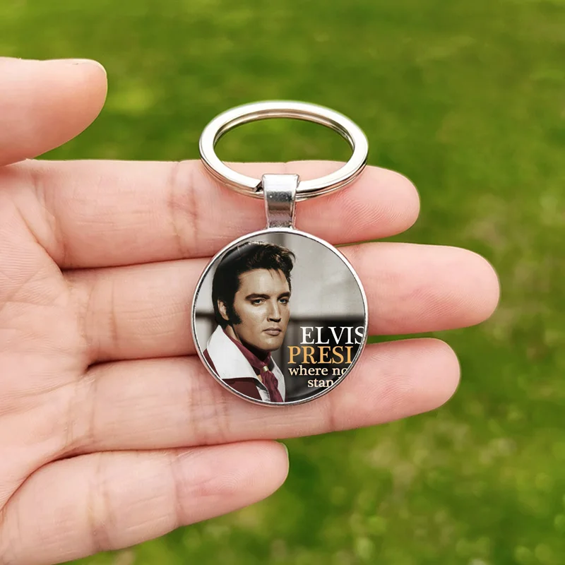 Hot Sale Elvis Keychain Pop Music Singer Star Art Poster Glass Cabochon Pendant Keychains for Men Women Car Keyring Fans Gift