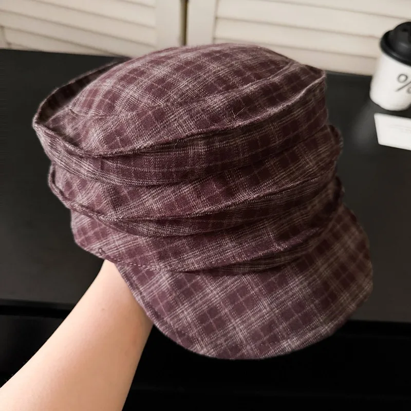 Japanische Retro-Karo-Plissee-Baskenmütze für Frühling und Herbst, große Ausführung, Sonnenschutz, kurze Krempe, literarische achteckige Newsboy-Mütze für Damen – Detail 6