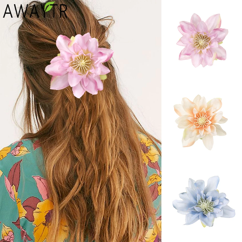 AWAYTR Lotus Flowers Hairpin Artificial Floral Hair Clips Valentine Headwear Girl Hair Accessories Mother's Day Gift