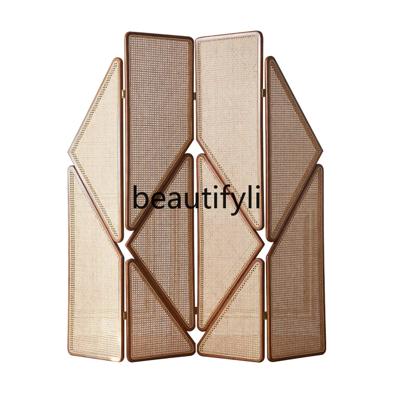 Nordic solid wood rattan screen creative partition wall movable folding screen new Chinese arc retro entrance screen