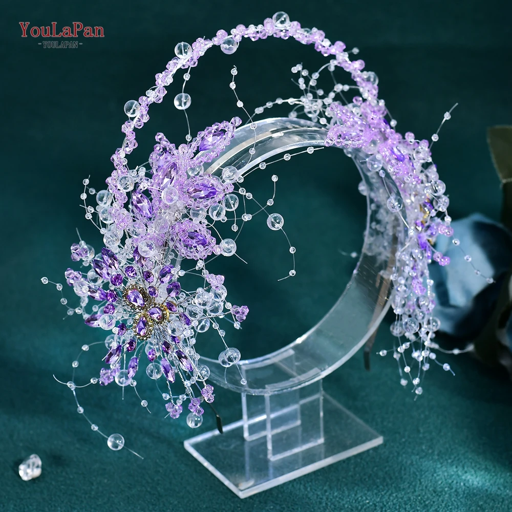 

YouLaPan Purple Color Crystal Rhinestone Tiaras Multilayer Tassel Hair Hoop Luxury Bride Prom Crown Wedding Hair Jewelry HP950