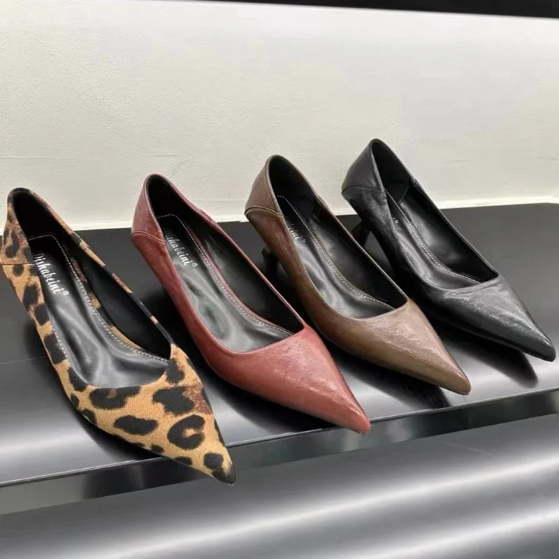 Fashion Brand Leopard Print Pumps Low Heel Shoes Women Pointed Toe Shallow Dress Elegant Ladies Office Shoes Female Loafer Mujer