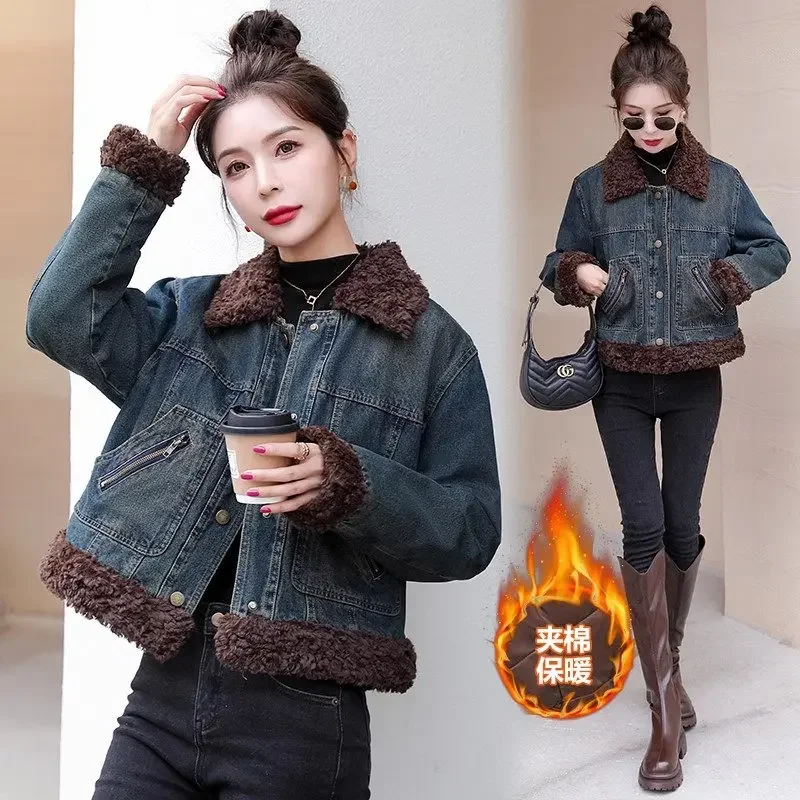 Slim Fit Winter Denim Coat For Women Lamb Collar Design Short Cotton Padded Jean Jacket With Fur Trim Chaqueta