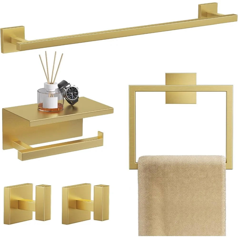 

5-Piece Brushed Gold Bathroom Hardware Set, 23.6" Stainless Steel Towel Bar with Shelf and Square Toilet Paper Holder