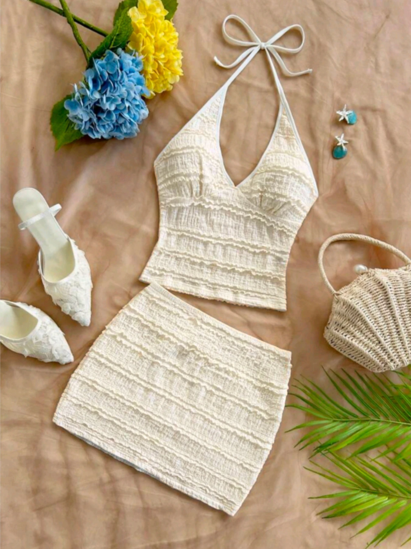 Women 2 Piece Outfits Textured Ruffle Halter V Neck Crop Camisole Mini Skirt Set 2026 Summer Y2K Solid White Beach Vacation Matc