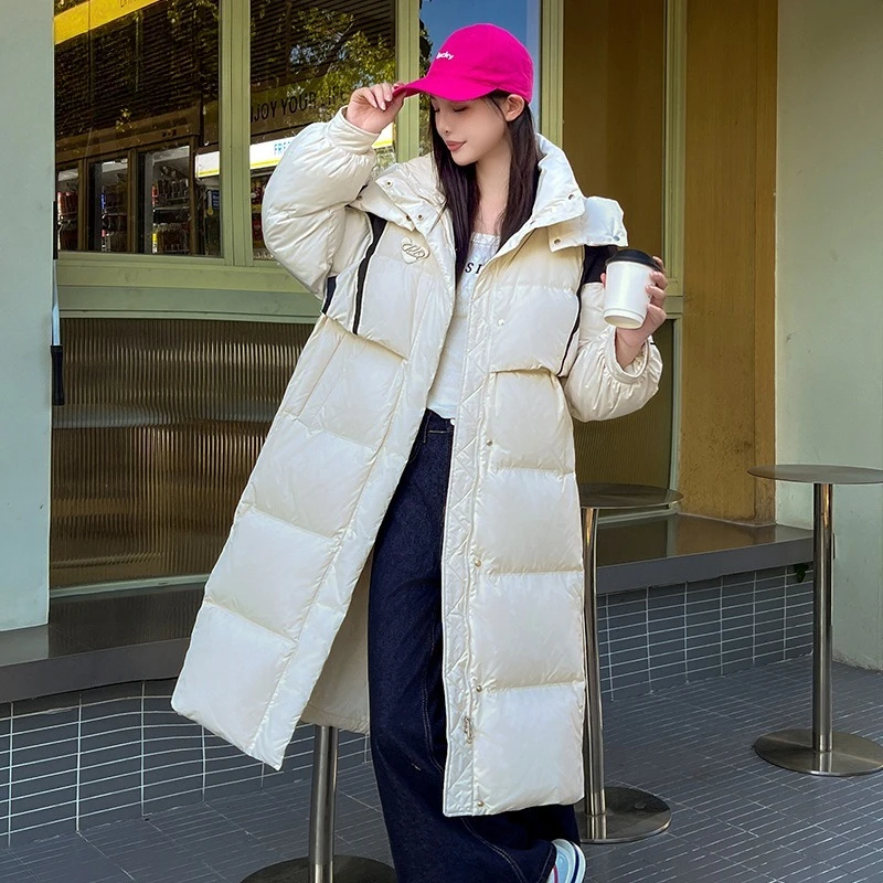 レディースロング厚手ダウンコート 2025年春新作 ファッションカラーブロック フード付き暖かいダックフェザージャケット カジュアル
