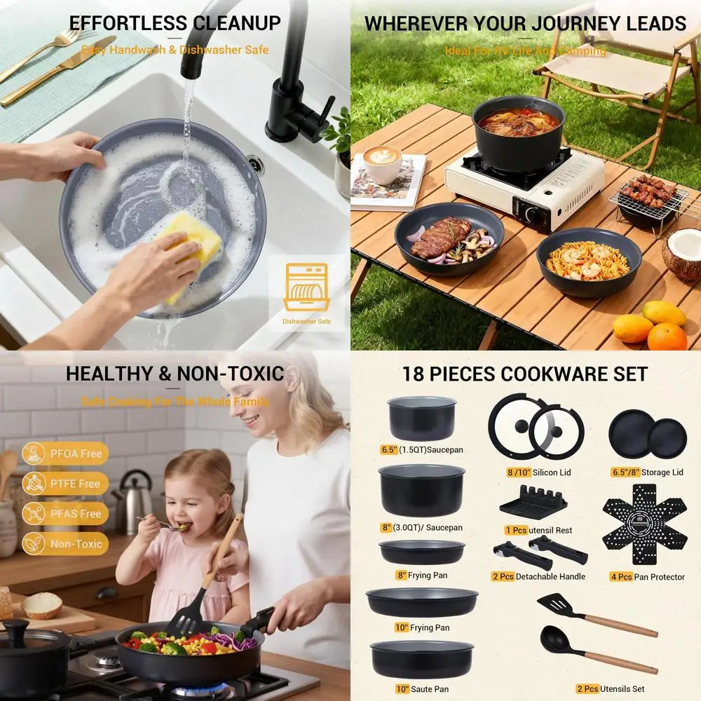 

Non-Stick Induction Ceramic Cookware Set, 18-Piece Detachable Handle Set, Safe for RV, Camping, Fridge, Dishwasher & Oven, Black