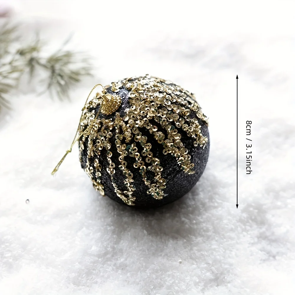 Set 9 Decorations - Black And Gold Glitter Foam Ball, Plastic Hanging Decoration, No Power Supply, Star Decoration On Top Of