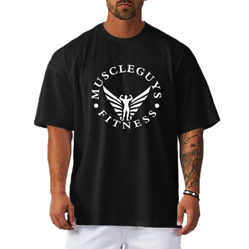 summer Men fitness Pumping iron Oversized Loose Mesh Quick  Running Basketball Fitness Sport Street Hip Hop Half Sleeve T Shirt