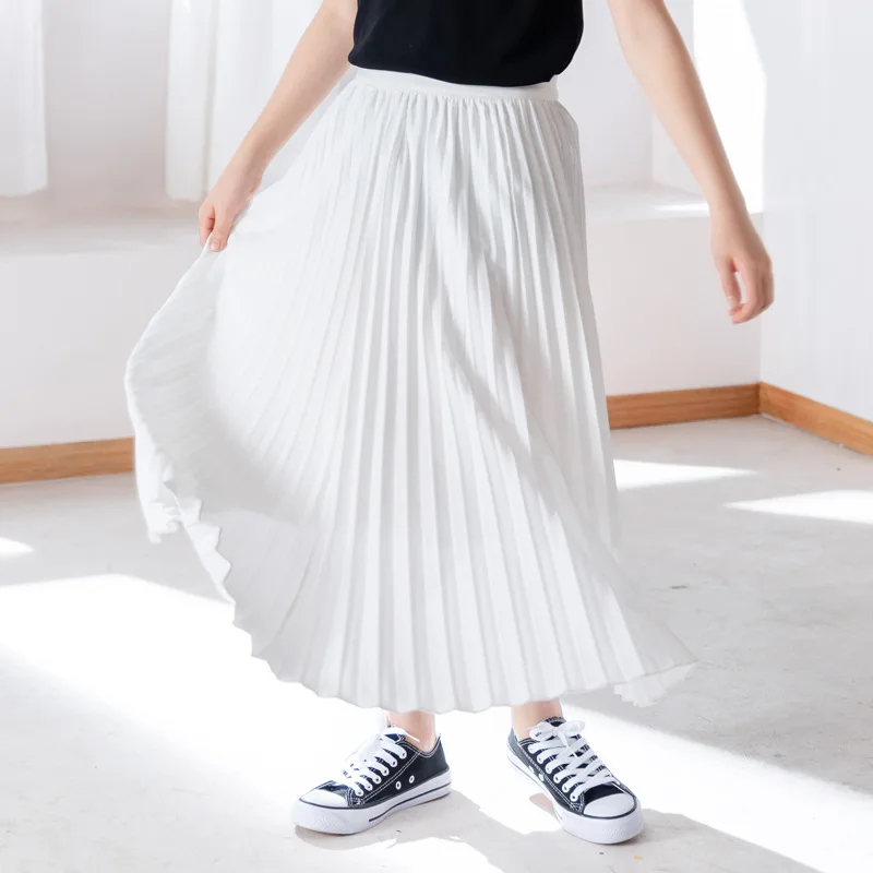 Summer 2024 Girls Long Pleated Skirt Solid Casual All-match Skirt for Kids 12 13 14 Years Trendy Teens Students Children Skirts