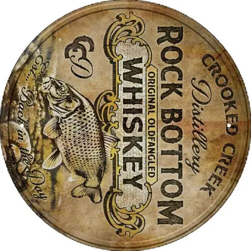 Rock Bottom Whiskey Round Bourbon Distillery Bar Pub Wall Décor Metal Tin Sign