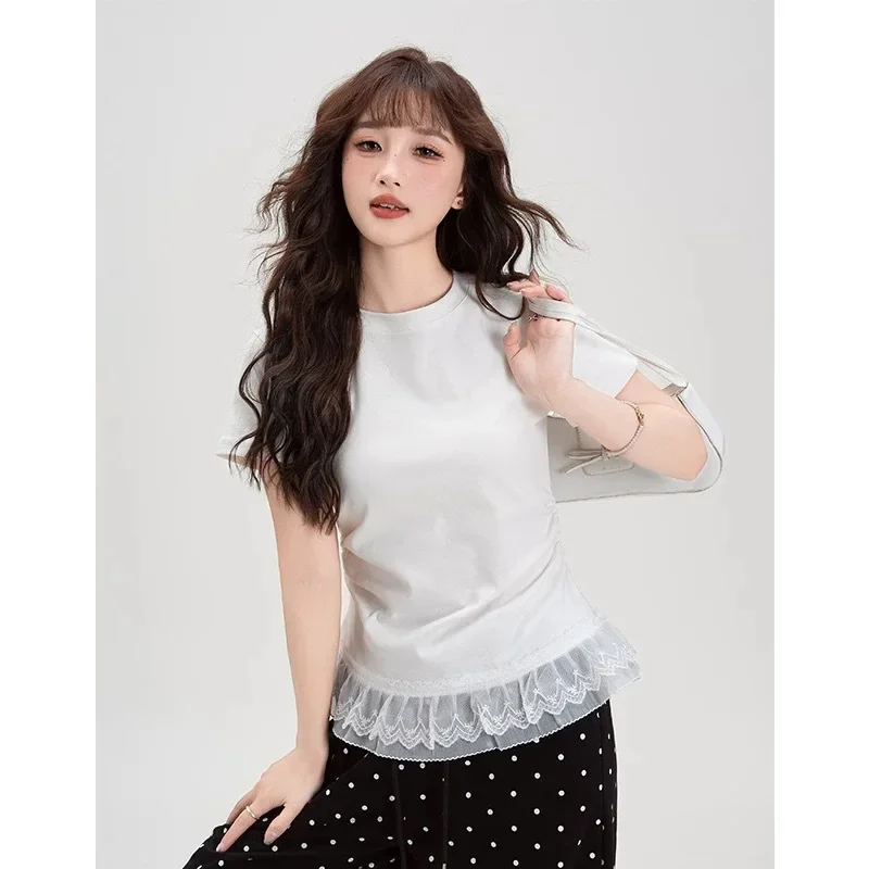 

Splicing Lace Skirt Edge Short Sleeved T-Shirt, Slim Fit, Waist Cinching, Slimming Effect, Base Short Sleeved Shoulder T-Shirt