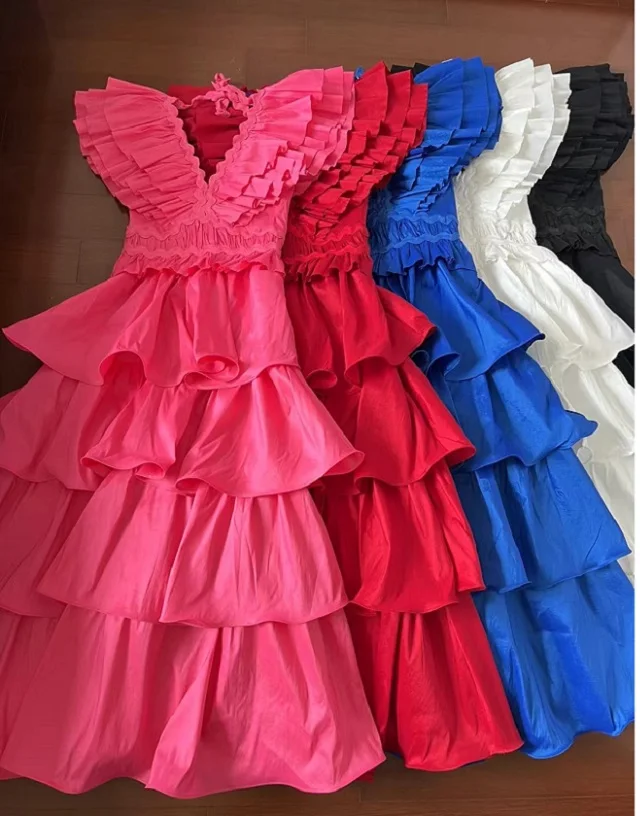 New 2025 Spring Long Dress High Quality Women V-Neck Cascading Ruffle Sexy Long White Blue Red Pink Black Maxi Dress Evening