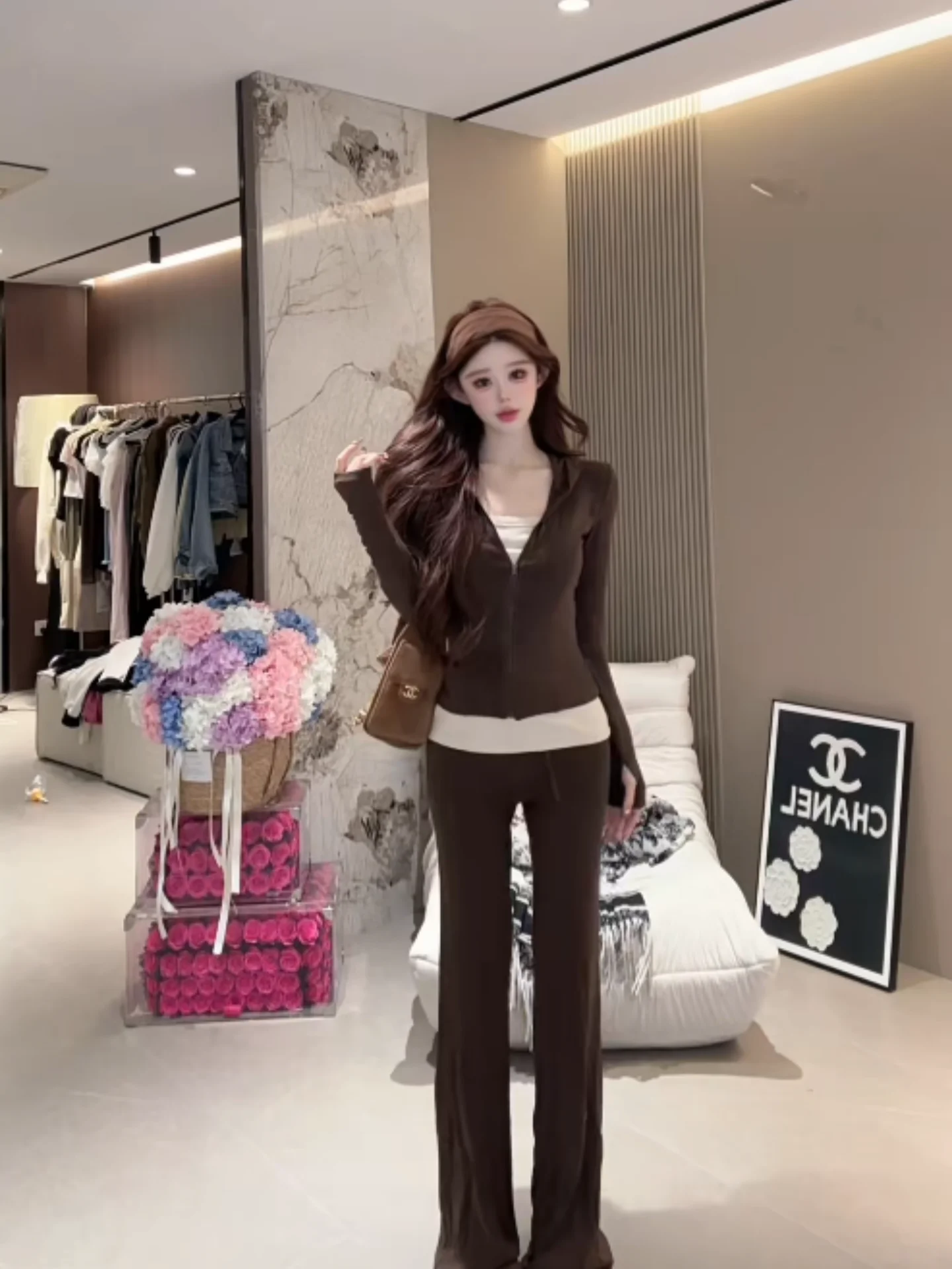 Early Autumn Korean Style Casual  Color Strap Long Sleeve Zipper Hooded Open Cardigan High Waist Flared Three Piece Set