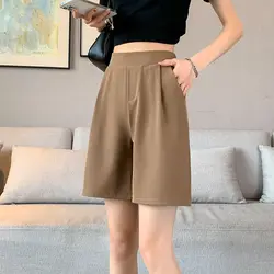 Traje de Pantalón recto hasta la rodilla para mujer, pantalones cortos de viaje informales sueltos con bolsillos elásticos de Color sólido, ropa de verano de cintura alta