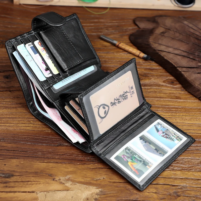 Men Genuine Leather Wallet Business Purse Storage Card Holder Transparent Windows Bank Note Coin Compartment Purse