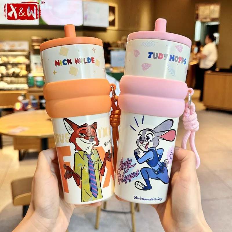 X&W Disney Judy Nick Isolierte Becher, Edelstahlbecher, Cartoon-Comic-Thermobecher mit Strohhalm und Deckel, Kalt- und Warmwasserflasche