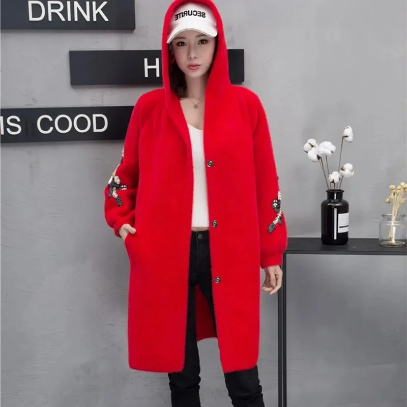 Thickened Autumn and Winter New Imitation Mink fur Coat Women\'s Medium Long Embroidered Knitted Cardigan Hooded Mink fur Coat WS