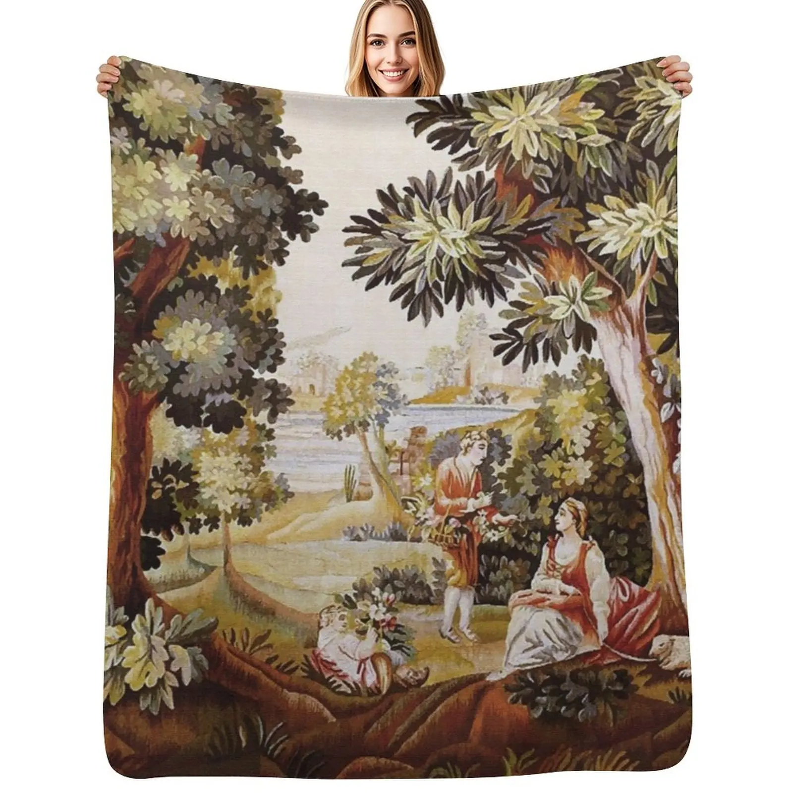 

Silk & Wool Antique French Tapestry Print Throw Blanket halloween for winter sofa bed Baby Blankets