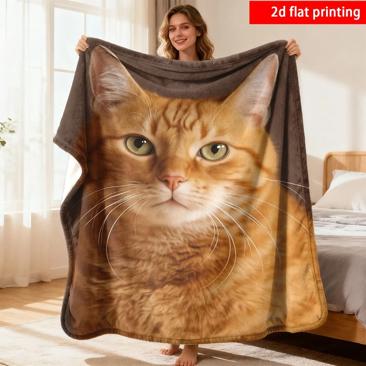 Cat Face Blanket Realistic Ginger Tabby Print Funny Pet Sofa Cover Decor