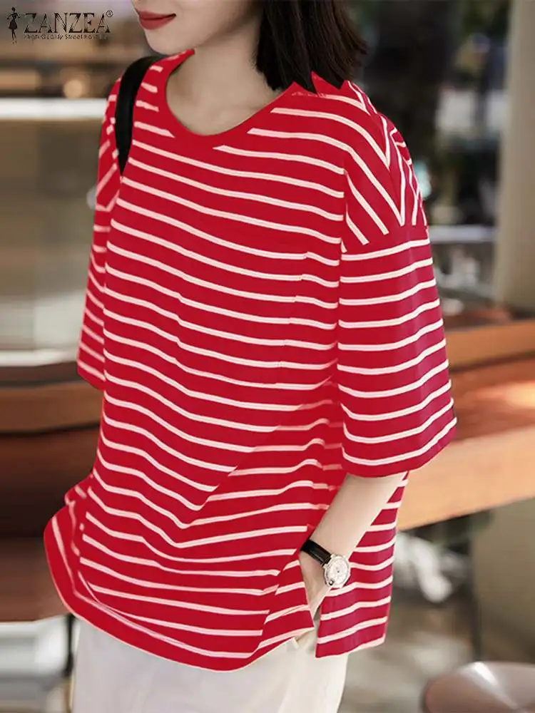 2024 ZANZEA Summer Blouse Women Fashion Stripe Printed Tops Casual O Neck Half Sleeve Shirt Female Work Chemise Loose Blusas