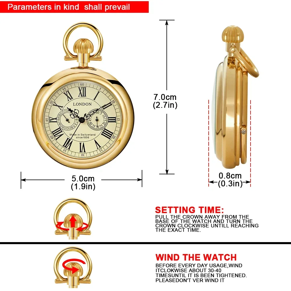 Messing Mechanische Handwikkeling Zakhorloge Heren Romeinse Cijfers 5 Handen Tonen Open Gezicht London Antieke Stijl Handmatige Zakklok