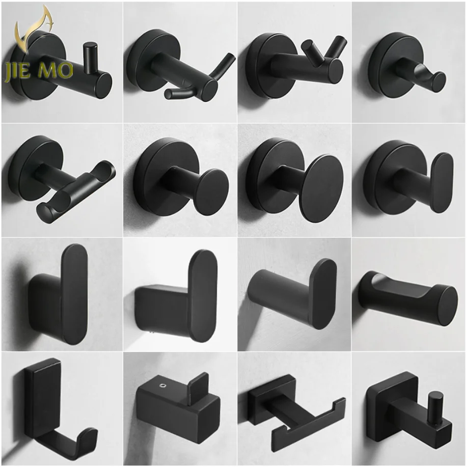 bath coat hook Stainless Steel Single Robe Hook Wall Mounted Towel Hook Black Painted Clothes Hook Bathroom Hardware