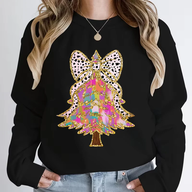 Creative Autumn Winter Women Sweatshirt Funny Leopard Print Bow Christmas Tree Sportswear Crew Neck Female Xmas Party Pullover