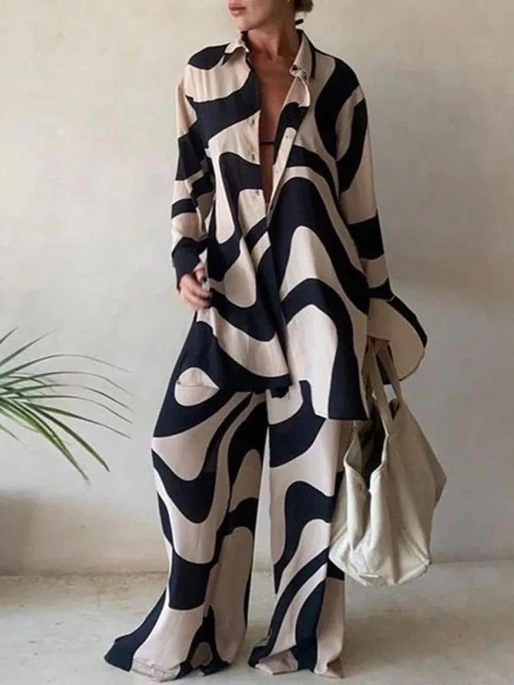 

2022 Elegant Blouse Set Fashion Print Long Sleeve Tops Shirt And Casual Loose Pants Suits Sexy V Neck Women's Outfits Streetwear