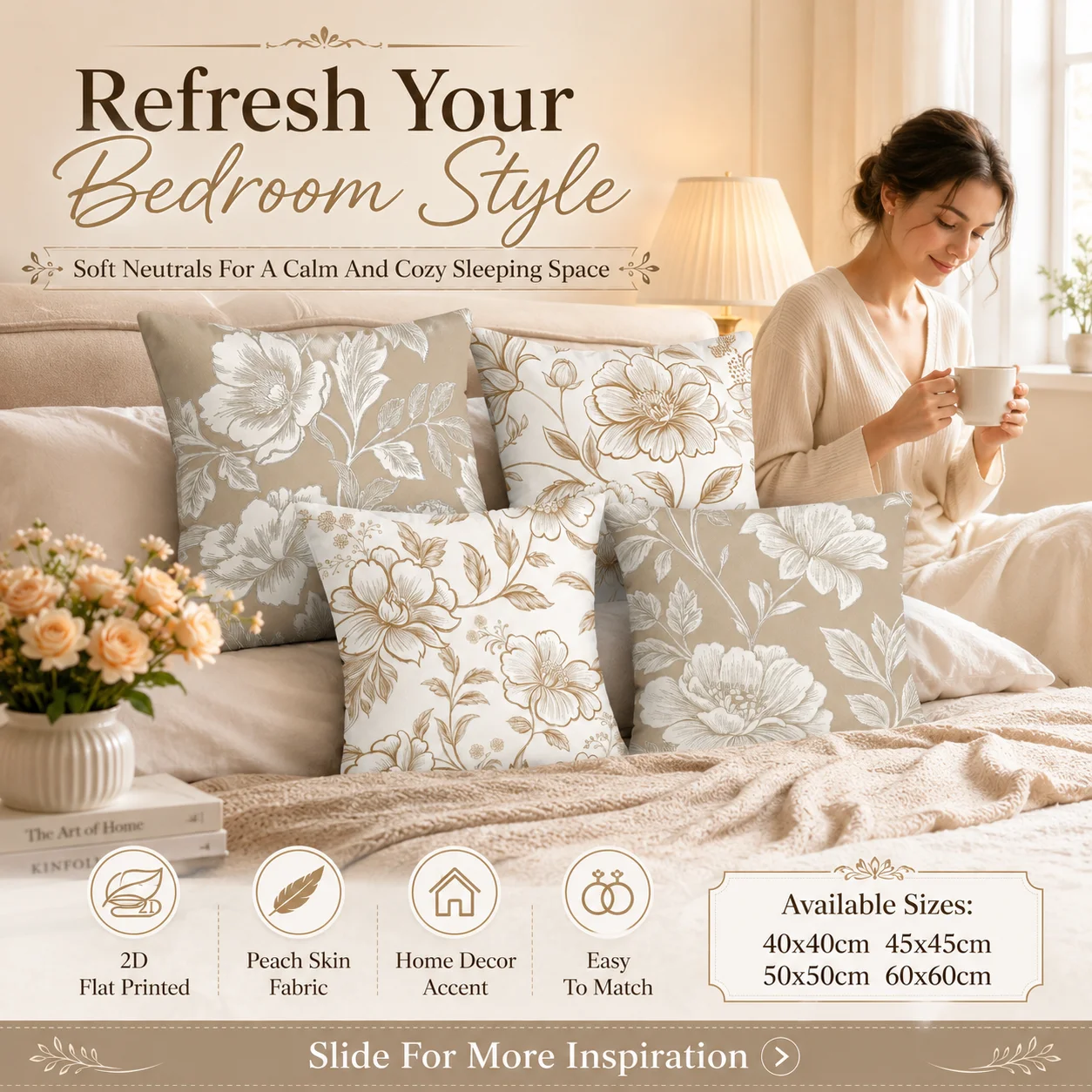 

Elegant Floral Cushion Cover Peach Skin Pillowcase 2D Flat Printed Neutral Flower Decorative Throw Pillow Case for Sofa Living