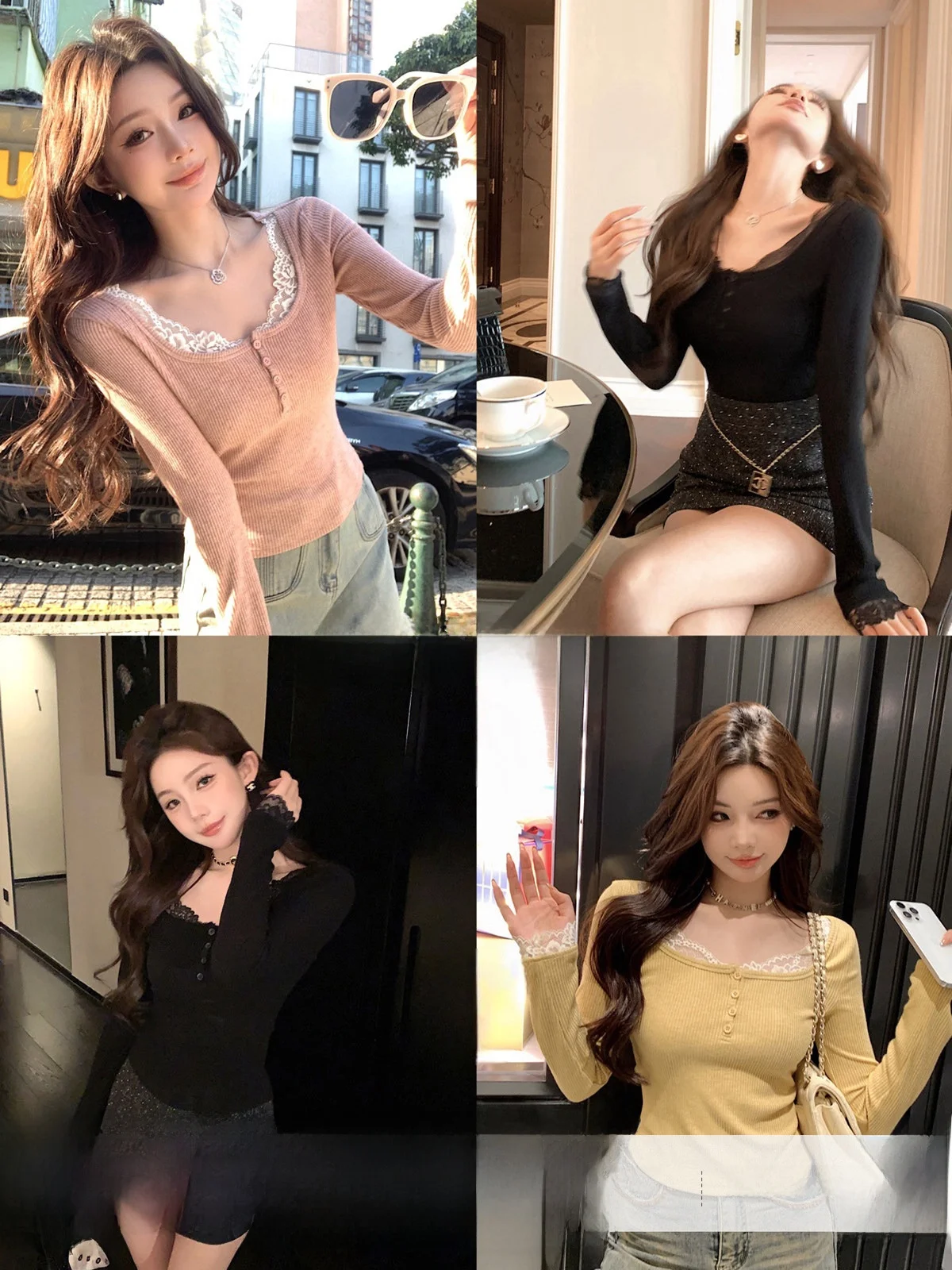 

Ele Lace Collar Splice Knitted irt Women's Slim Fit Base irt Simple Sli Spring New Arrival Qiu Rou Ya